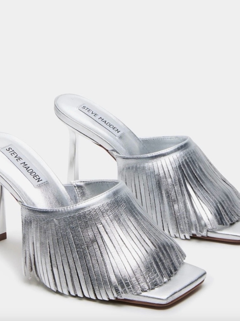 Steve Madden Metallic Silver Crafted Square Toe Stiletto Fringe Mules Sandals